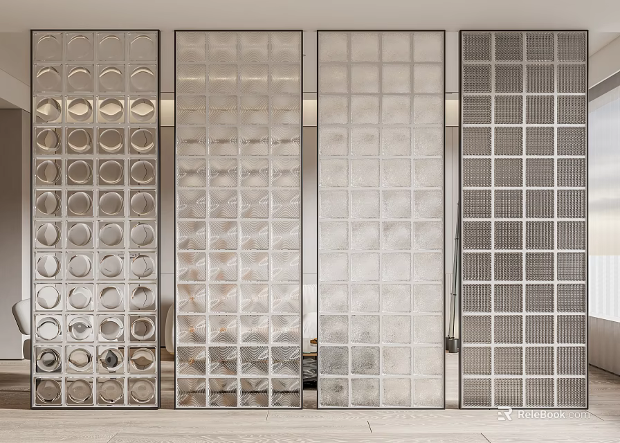 Modern Glass Partitions With Decorative Grid And Circular Patterns For Interior Design 3d model 