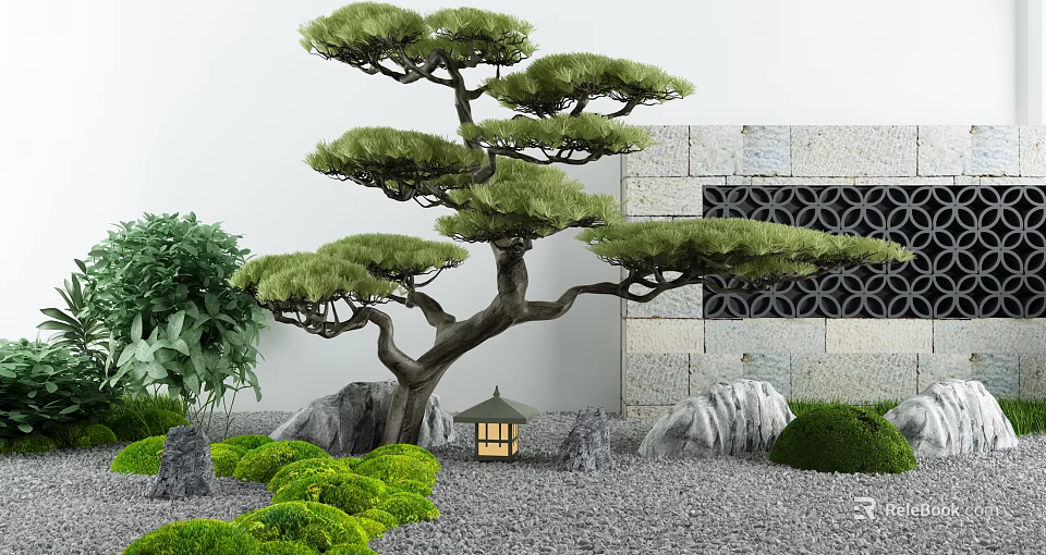 Tranquil Courtyard Garden With Pine Tree Stone Wall Lantern Lush Green Plants And Gravel Ground 3d model 