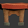 Traditional Red Stool With Carved Patterns Wooden Legs And Golden Object On Top