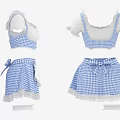 Blue And White Checkered Maid Outfit Blouse Skirt Set With Short Sleeves And Lace Trim