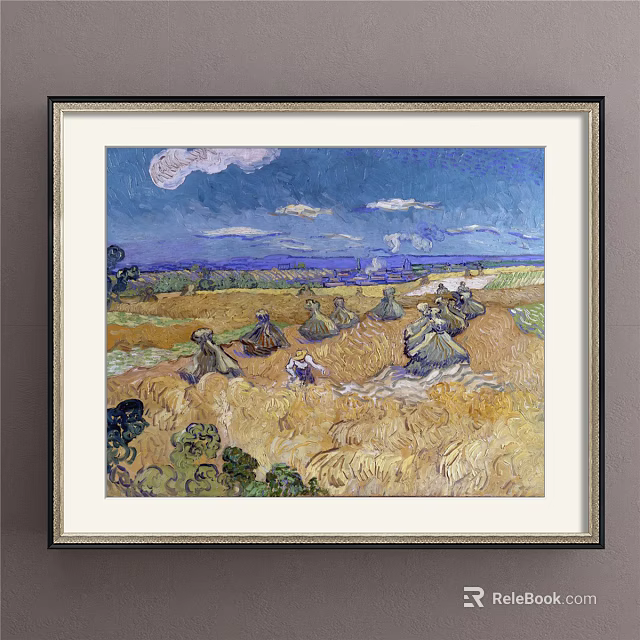 Oil Painting of Wheat Field With Reapers Blue Sky Clouds And Distant Landscape 3d model 