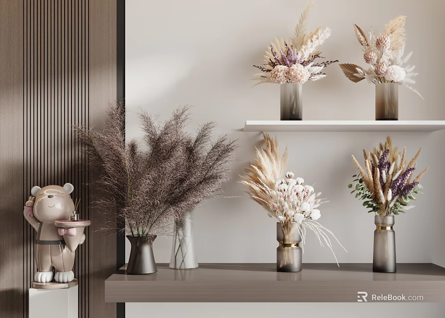 Dried Pampas Grass And Colorful Blooms In Ceramic Vases On Modern Shelves Interior 3d model 