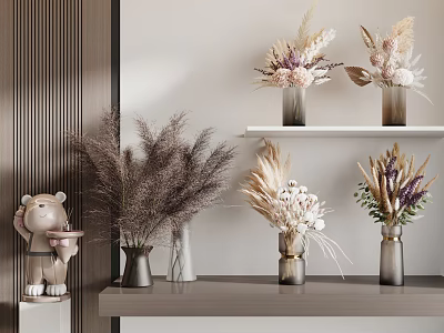 Dried Pampas Grass And Colorful Blooms In Ceramic Vases On Modern Shelves Interior 3d model