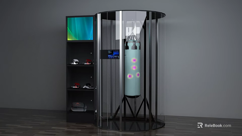 Modern Sports Equipment Punching Bag In Transparent Enclosure With Display Shelf And Screen 3d model 