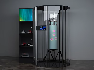 Modern Sports Equipment Punching Bag In Transparent Enclosure With Display Shelf And Screen 3d model