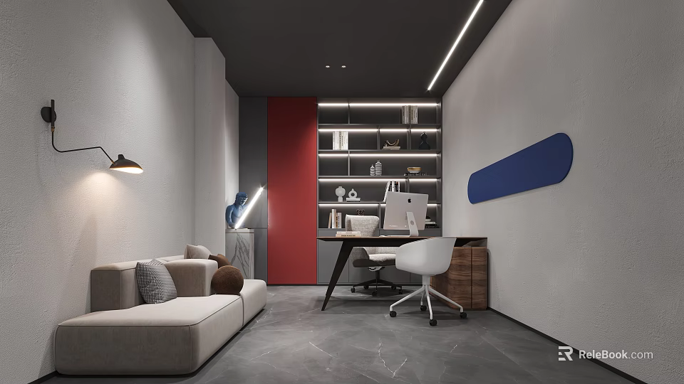 Modern Office Interior Design With Sofa Desk Bookshelf Computer And Red Wall Decor 3d model