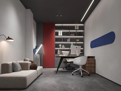 Modern Office Interior Design With Sofa Desk Bookshelf Computer And Red Wall Decor 3d model