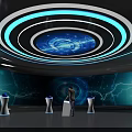 Futuristic Exhibition Hall With Circular Blue Ceiling Lights And Surrounding Lightning Pattern Screens 3d model