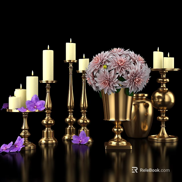 Elegant Decorative Brass Candle Holders Lit White Candles Pink Chrysanthemums Golden Vase And Purple Orchids 3d model 