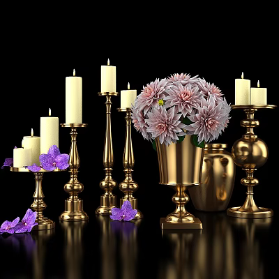 Elegant Decorative Brass Candle Holders Lit White Candles Pink Chrysanthemums Golden Vase And Purple Orchids 3d model