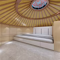 Traditional Yurt Interior With Circular Yellow Wooden Roof Decorative Skylight And Wooden Cabinets