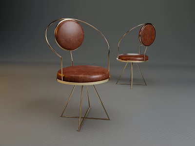 Modern Leisure Chair With Metal Frame Round Backrest And Brown Leather Seat 3d model