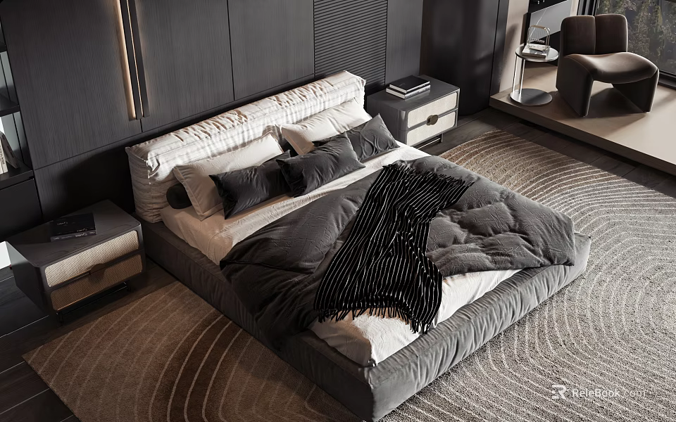 Modern Double Bed Bedroom with Gray Comforter Pillows Dark Headboard Nightstands and Rug 3d model 