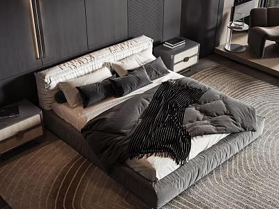 Modern Double Bed Bedroom with Gray Comforter Pillows Dark Headboard Nightstands and Rug 3d model