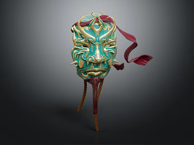Intricate Green Mask With Detailed Golden Decorations And Red Ribbons On Stand 3d model