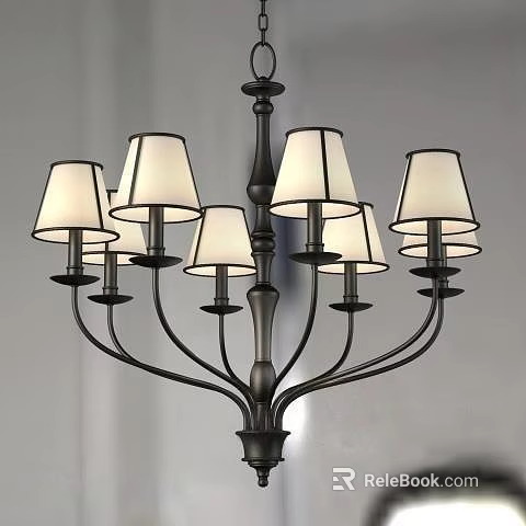 Elegant Classic Black Metal Chandelier With White Fabric Shades And Multiple Arms 3d model 