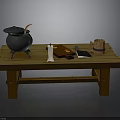 Rustic Wooden Table With Cast Iron Cauldron Wooden Spoon White Candle Oranges Knife And Barrel