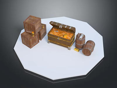 Rustic Wooden Storage Boxes Open Treasure Chest And Barrels With Gold Coins 3d model
