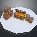 Rustic Wooden Storage Boxes Open Treasure Chest And Barrels With Gold Coins