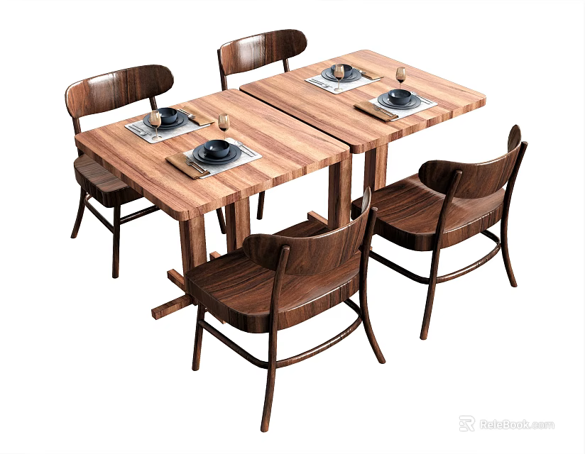 Minimalist Wooden Dining Table Set With Four Chairs And Tableware On Top 3d model