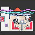 Scenic Pink White Outdoor Café Spot With Parasol Neon Signs And Checkered Floor