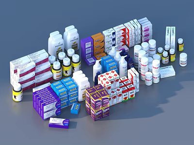 Essential Assorted Medical Supplies With Bottles Boxes Sprays Ointments And Packages 3d model