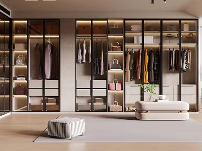 Modern Walk in Closet With Glass Cabinets Clothes Bags Ottoman Plant 3d model