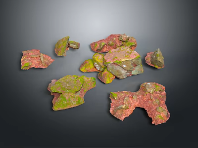 Wooden Stone Pieces with Green and Red Moss Scattered on Dark Background Natural Texture 3d model