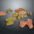 Wooden Stone Pieces with Green and Red Moss Scattered on Dark Background Natural Texture