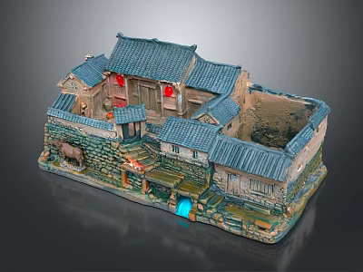 Traditional Ancient Architecture Miniature Model With Courtyard Stone Walls Wooden Doors And Red Lanterns 3d model