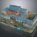 Traditional Ancient Architecture Miniature Model With Courtyard Stone Walls Wooden Doors And Red Lanterns