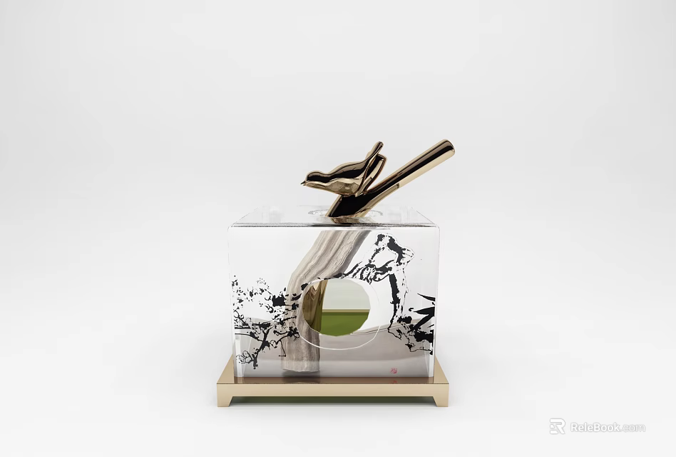 Modern Chinese Style Decorative Ornament Set With Transparent Cube Ink Painting And Golden Metal Accents 3d model 