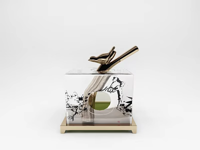 Modern Chinese Style Decorative Ornament Set With Transparent Cube Ink Painting And Golden Metal Accents 3d model