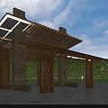 Rustic Pergola with Stone Pillars and Wooden Beam Roof in Green Outdoor Space
