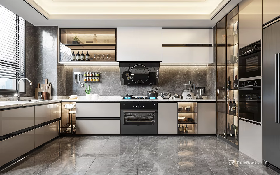 Modern Kitchen Interior Design With Marble Countertop Cabinets Island And Appliances 3d model 