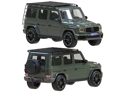 Green Off Road SUV With Roof Rack Spare Tire And Black Wheels Front Rear Views 3d model