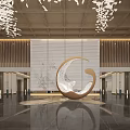Modern Hotel Lobby With Wooden Slat Panels Marble Wall And Relief Mural