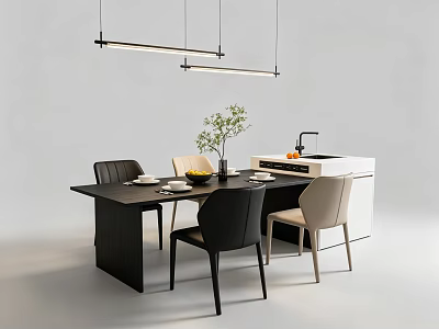 Modern Black Wooden Dining Table Set With Beige And Black Chairs Green Plant And Tableware 3d model