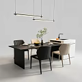 Modern Black Wooden Dining Table Set With Beige And Black Chairs Green Plant And Tableware
