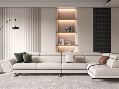 White Sectional Sofa With Decorative Cushions In Modern Living Room With Wall Shelves And Lamp 3d model