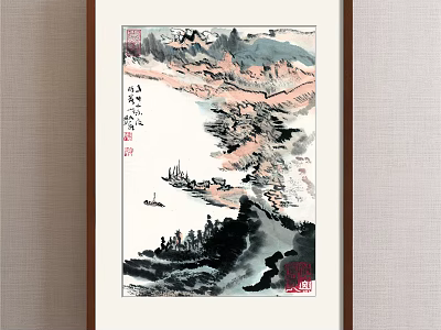 Traditional Chinese Landscape Painting With Mountains Water Small Boat Trees And Red Seal Calligraphy 3d model