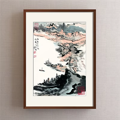 Traditional Chinese Landscape Painting With Mountains Water Small Boat Trees And Red Seal Calligraphy 3d model