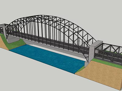Steel Arch Bridge Structure With Blue Water And Green Grass Surroundings 3d model