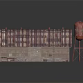 Traditional Wooden Building With Striped Roof Red Water Tower And Leaning Ladder