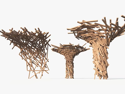 Three Unique Decorative Wooden Columns With Intricate Twig Woven Structure 3d model