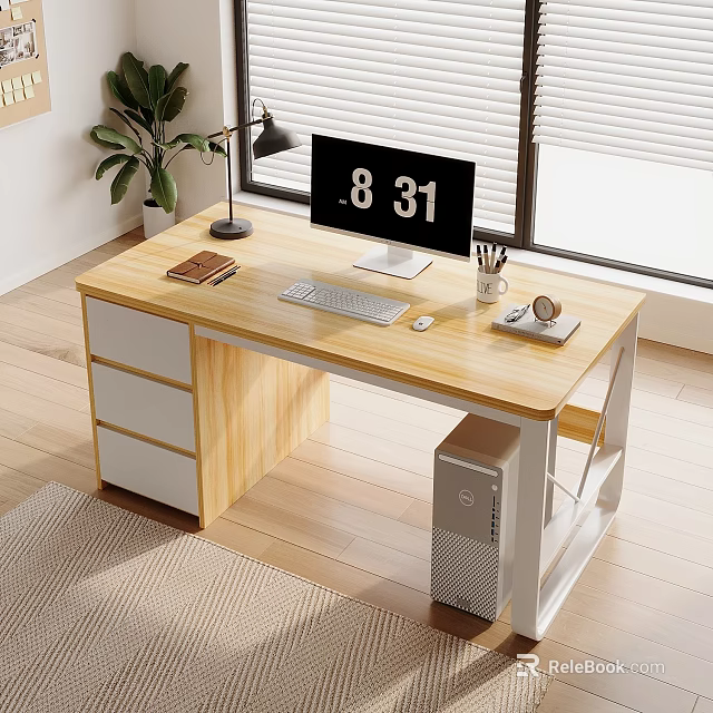 Modern Office Desk Interior With Wooden Top Metal Frame Computer Monitor And Green Plant 3d model 