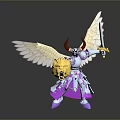 Fantasy Game Warrior Character With Golden Wings Red Horns Silver Armor And Lion Head Sword