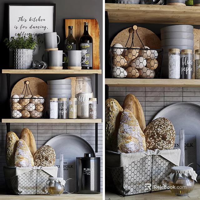 Stylish Kitchenware Display With Mugs Bottles Jars Bread Plates And Baskets On Shelves 3d model 