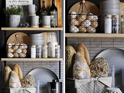 Stylish Kitchenware Display With Mugs Bottles Jars Bread Plates And Baskets On Shelves 3d model