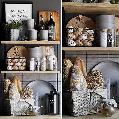 Stylish Kitchenware Display With Mugs Bottles Jars Bread Plates And Baskets On Shelves 3d model